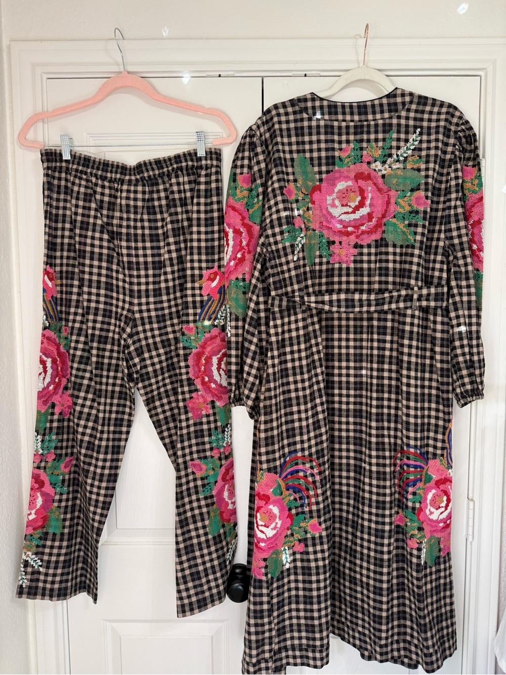 Farm Rio Rooster Cross Stitch Kimono and Pants Sz L - Picture 9 of 11